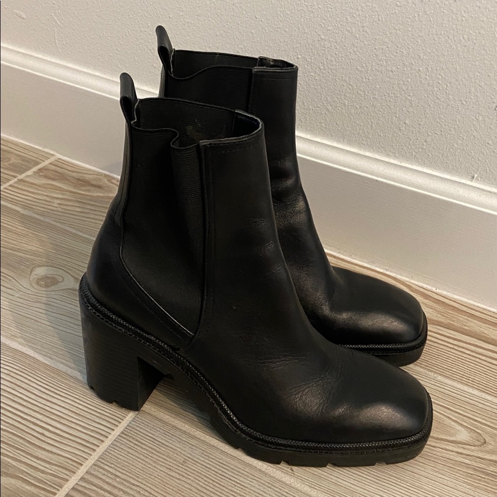 Zara Black Leather Heeled Chelsea Boot (Sz EU38) Square Toe Ankle Boots